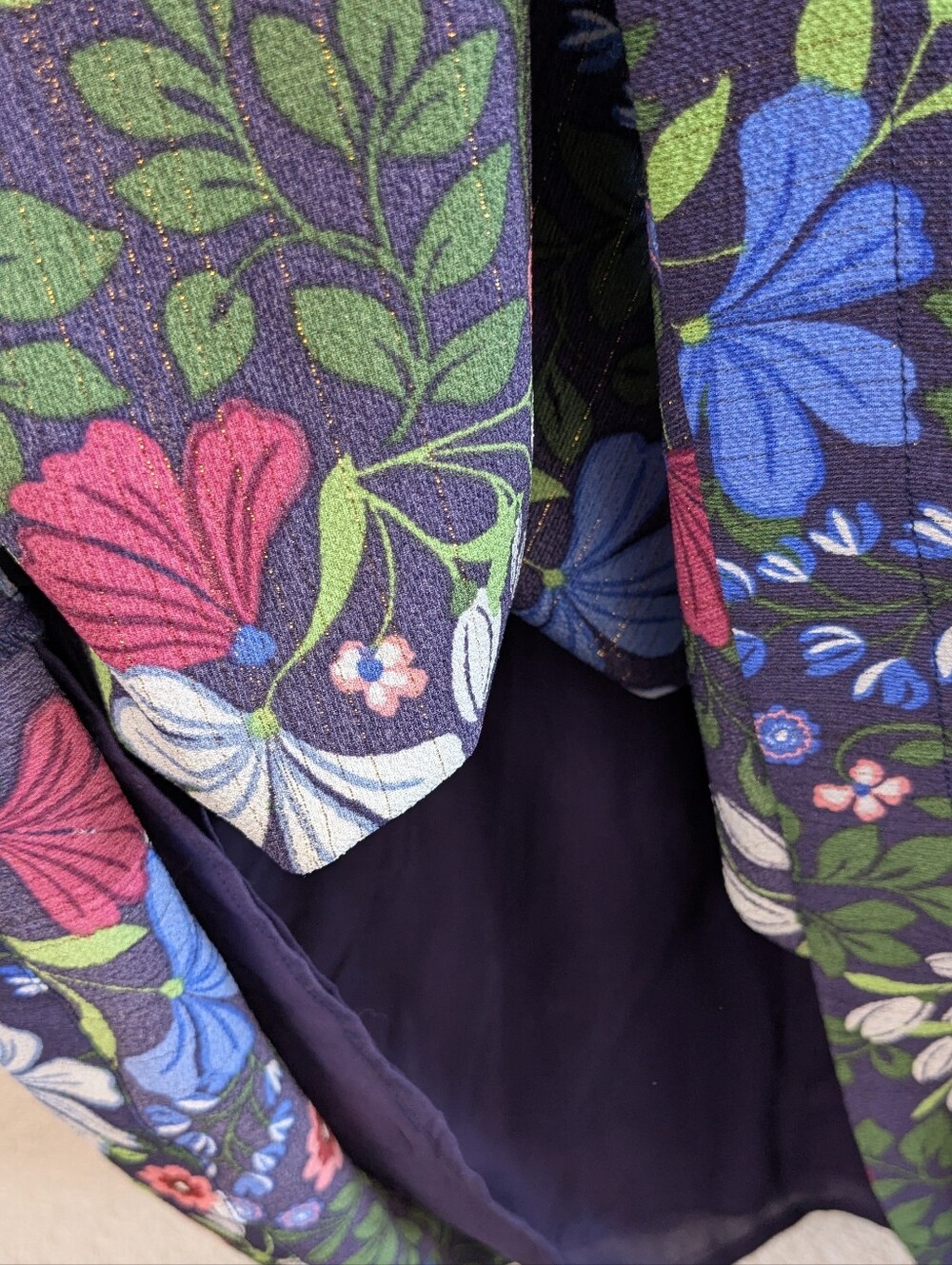 Draper James XS Midi Dress Navy Pink Floral Metallic Lined Like New Garden Chic - Picture 6 of 9
